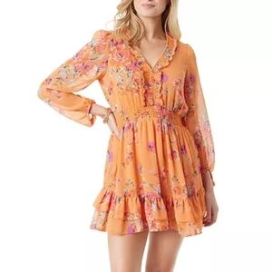 Jessica Simpson Women's Yara Floral-Print Smocked Mini Orange Dress